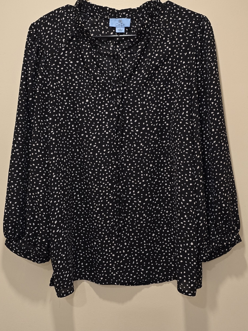 CeCe Black Blouse with White Dot Print L